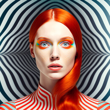 Fototapeta Generative ai optical art fashion portrait redhead young woman posing looking camera