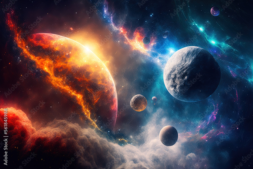 Wall mural background in science that is abstract stars, nebula, and planets in space. generative ai