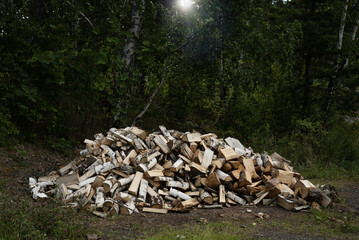 Pile of firewood outdoors in the nature. Stack of chopped woods to be used as fuel or heating material. 