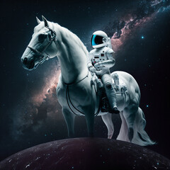 Obraz na płótnie Canvas Generative ai astronaut riding horse animal in outer space cinematic style.