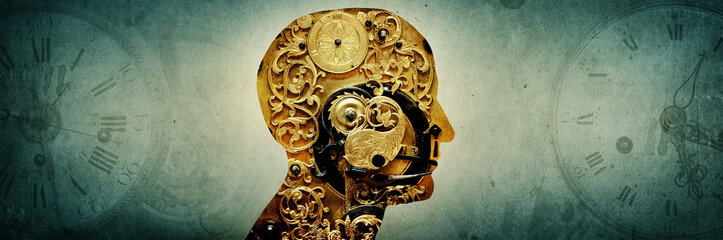 Silhouette of a man, the mechanism of an old vintage clock and gear background. The concept of...