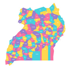 Uganda political map of administrative divisions - districts. Colorful vector map with labels.