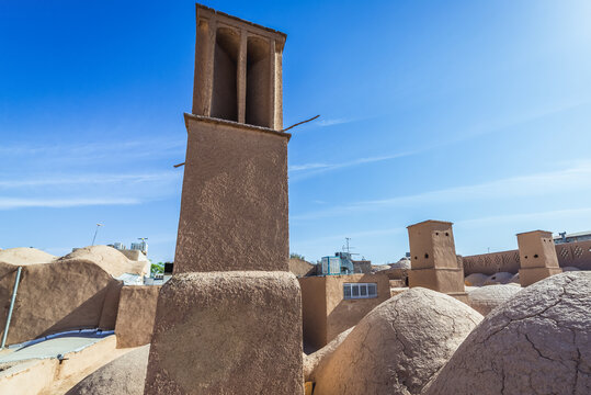 Badgir structure - windtower on a roof of Khan bazaar in Yazd city, Iran