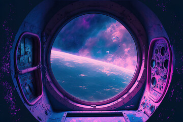 Obraz premium blue and pink inside of this grunge spaceship with a view of the outer planets. Generative AI