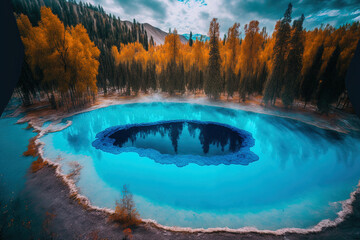 Incredible blue geyser lake in the forest in the fall. Russia's Altai. Generative AI
