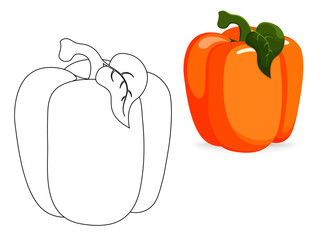 Cute coloring book - orange bell pepper with green leaf. Cartoon children's illustration.