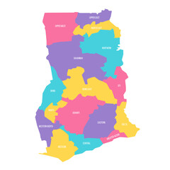 Ghana political map of administrative divisions - regions. Colorful vector map with labels.