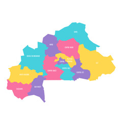 Burkina Faso political map of administrative divisions - regions. Colorful vector map with labels.