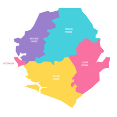 Sierra Leone political map of administrative divisions - provinces and one area. Colorful vector map with labels.
