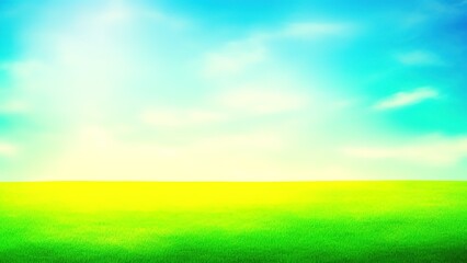Fototapeta na wymiar Green grass field under clear blue sky and white clouds.