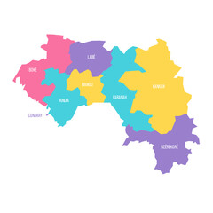 Guinea political map of administrative divisions - regions. Colorful vector map with labels.