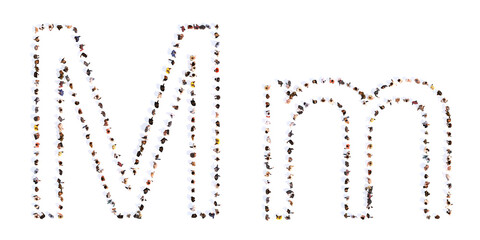 Concept or conceptual large community of people forming the font M. 3d illustration metaphor for unity and diversity, humanitarian, teamwork, cooperation, education, friendship and community