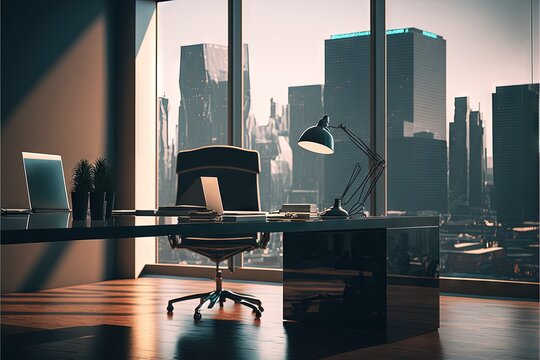  A Desk With A Laptop And A Lamp In A Room With A View Of The City Outside The Window And A City Skyline Outside The Window With Skyscrapers In The Background, With A. Generative Ai Generative Ai