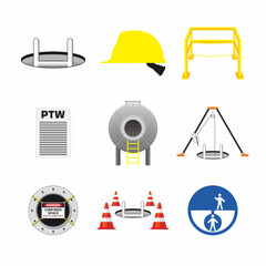 Set of colorful and isolated confined space work icon, sign and symbol for industrial, construction and manufacture work safety.