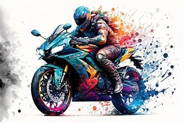 biker riding a motorcycle, bright colors sportbike, insulation on white background, there is space for stickers. Generative AI