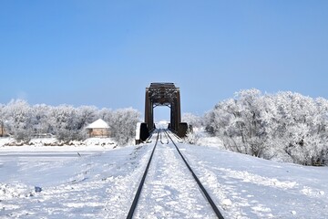 Fototapeta premium a railway bridge surrounded by frost covered trees