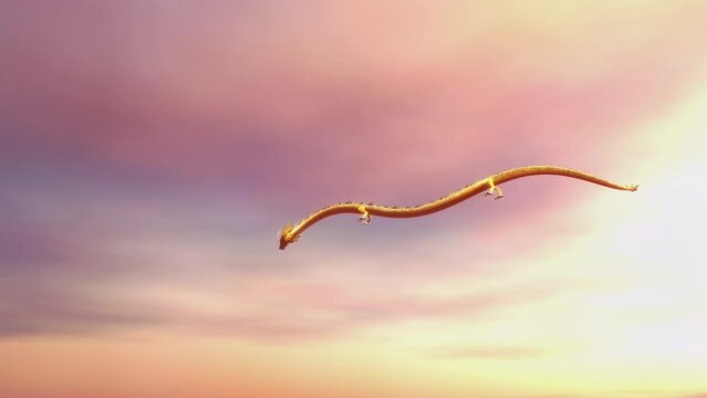 Golden chinese dragon flying movement on the sky dream and fantasy color with 3d rendering. 