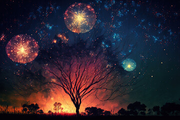 Fototapeta na wymiar Fireworks over a starry night sky. Generative AI