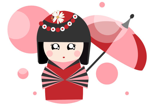 Japanese kokeshi doll with black short hair in a red outfit, standing with an umbrella. Vector illustration, isolated on white background