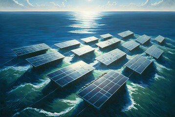 Painting of multiple solar panels on the surface of the ocean. Generative AI
