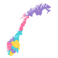 Norway political map of administrative divisions - counties and autonomous city of Oslo. Colorful vector map with labels.