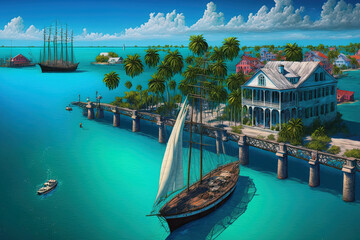 The scene is in the middle of the ocean with a background of blue water. Florida's Key West. Generative AI