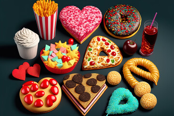 Unhealthy products. food bad for figure, skin, heart and teeth. Assortment of fast carbohydrates food. Generative AI