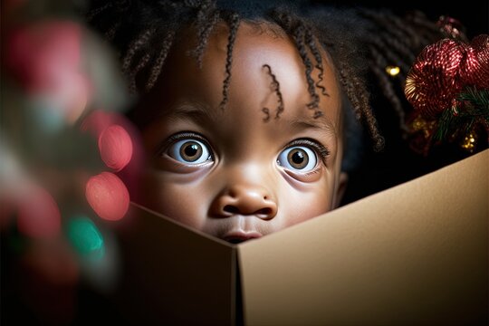 close-up on Young black small kid looking with wide brown eyes in surprise and happiness generative ai children's illustration