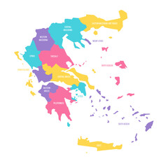 Greece political map of administrative divisions - decentralized administrations and autonomous monastic state of Mount Athos. Colorful vector map with labels.