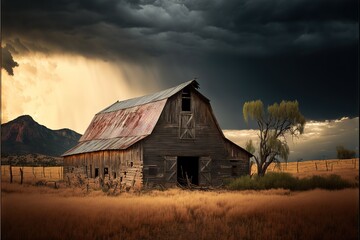 Fototapeta  a barn in a field with a storm coming in the background and a tree in the foreground with a dark sky and clouds above it, with a sunbeam in the foreground. generative ai obraz