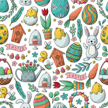 Easter nursery seamless pattern with hand drawn doodles for wallpaper, scrapbooking, stationary, packaging, wrapping paper, etc. EPS 10