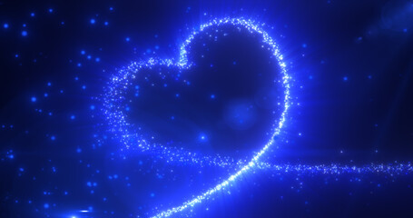 Abstract glowing festive heart love blue from lines of magic energy from particles and dots on a dark background for Valentine's Day. Abstract background