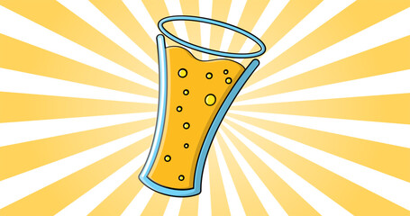 Glass beer glass on yellow abstract sunburst background