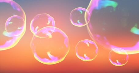 Abstract transparent soap bubbles flying up bright iridescent beautiful festive against the backdrop of sunset. Abstract background