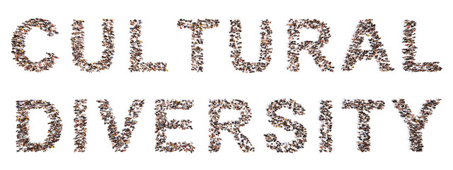 Concept conceptual large community of people forming CULTURAL DIVERSITY message. 3d illustration metaphor to multicultural, multiethnic, educatiom, community, teamwork, friendship, inclusion, respect