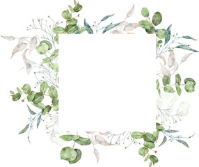 Watercolor wildflowers eucalyptus greenery and dry flowers frame, foliage, vintage wreath