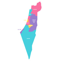 Fototapeta na wymiar Israel political map of administrative divisions - districts, Gaza Strip and Judea and Samaria Area. Colorful vector map with labels.