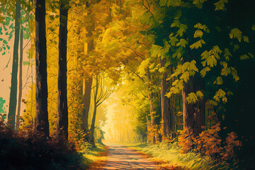 Pathway through the woodland (country road, alley). trees with gorgeous deciduous leaves in shades of green, yellow, orange, and gold. Sunlight filtering across the trees. natural passageway season, e