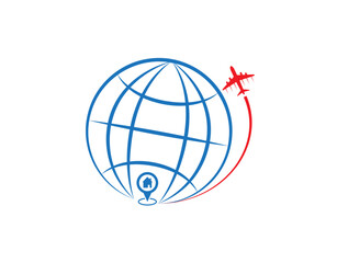 Airplane with globe, earth, pinpoint, house destination vector. International travel, transport concept design to use for flight company, journey, business travel, holiday planning projects.
