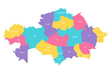 Kazakhstan political map of administrative divisions - regions and cities with region rights and city of republic significance Baikonur. Colorful vector map with labels.
