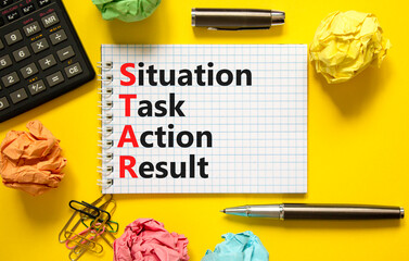 STAR situation task action result symbol. Concept words STAR situation task action result on white...