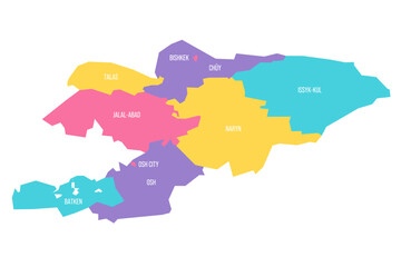 Kyrgyzstan political map of administrative divisions - regions and independent cities of Bishkek and Osh. Colorful vector map with labels.