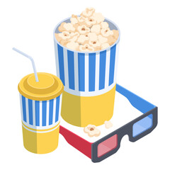 Movie theatre symbols. Isometric cinema 3d glasses, popcorn and soda 3D flat vector illustration on white background