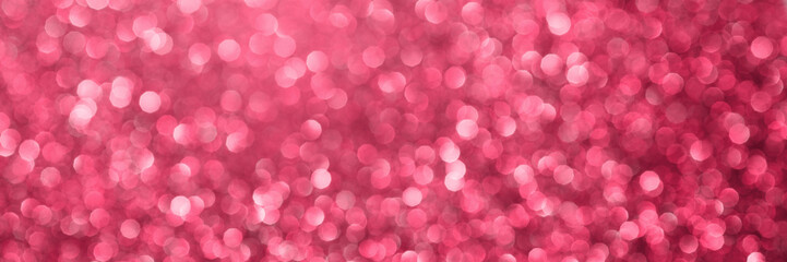 Viva magenta, pink sparkling glitter bokeh panoramic background banner, abstract defocused texture header. Holiday romantic lights