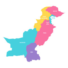 Pakistan political map of administrative divisions - provinces and autonomous territories. Colorful vector map with labels.