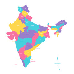 India political map of administrative divisions - states and union teritorries. Colorful vector map with labels.