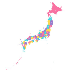 Japan political map of administrative divisions - prefectures, metropilis Tokyo, territory Hokaido and urban prefectures Kyoto and Osaka. Colorful vector map with labels.