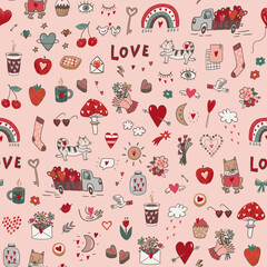 Valentine's day love doodle objects vector seamless pattern.