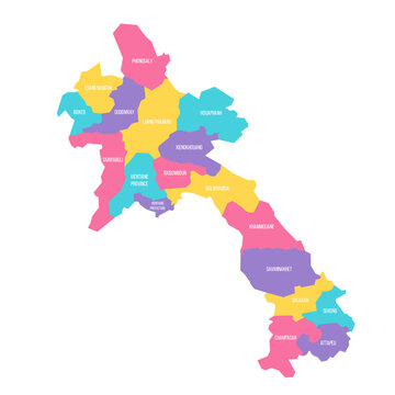 Laos political map of administrative divisions - provinces and prefecture of Vientiane. Colorful vector map with labels.