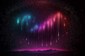 Meteoritic neon rain, colorful neon rain on a black background. AI